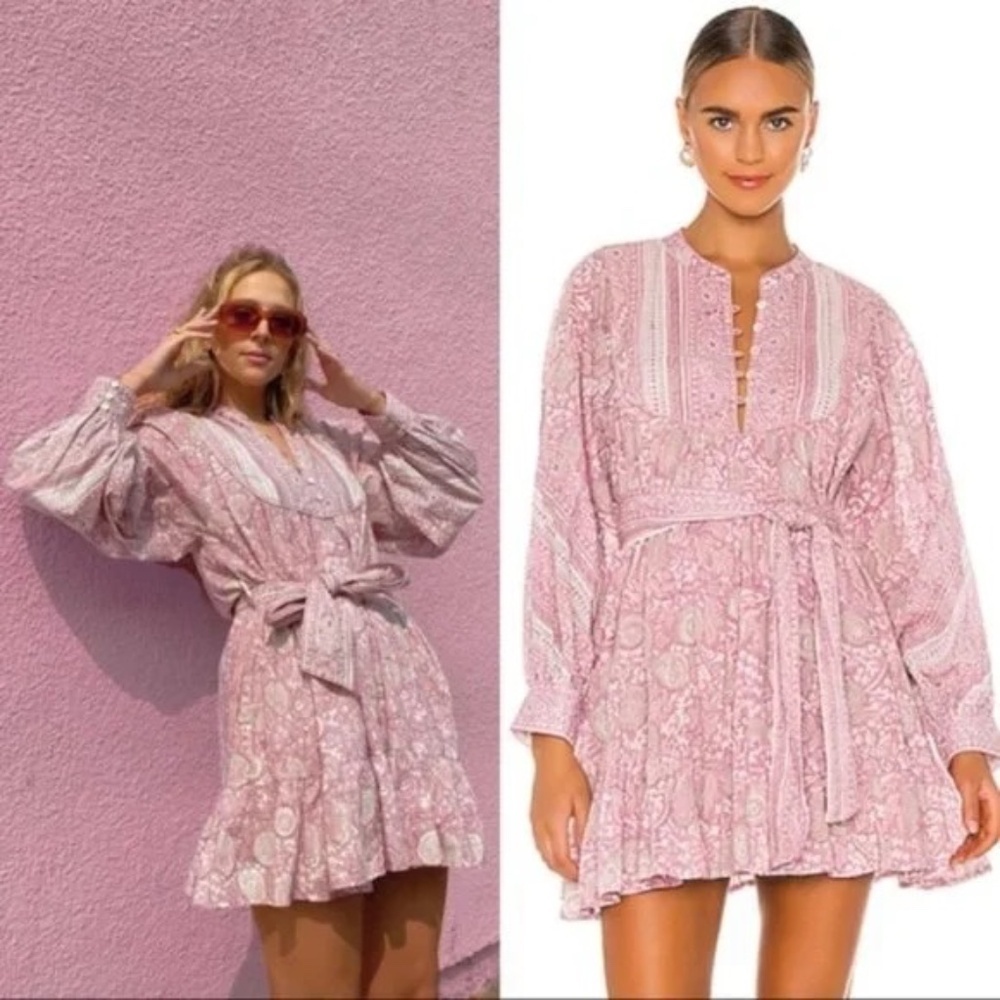 Cleobella Lennox Mini Puff Sleeve Paisley Dress in Tonal Block Pink S
